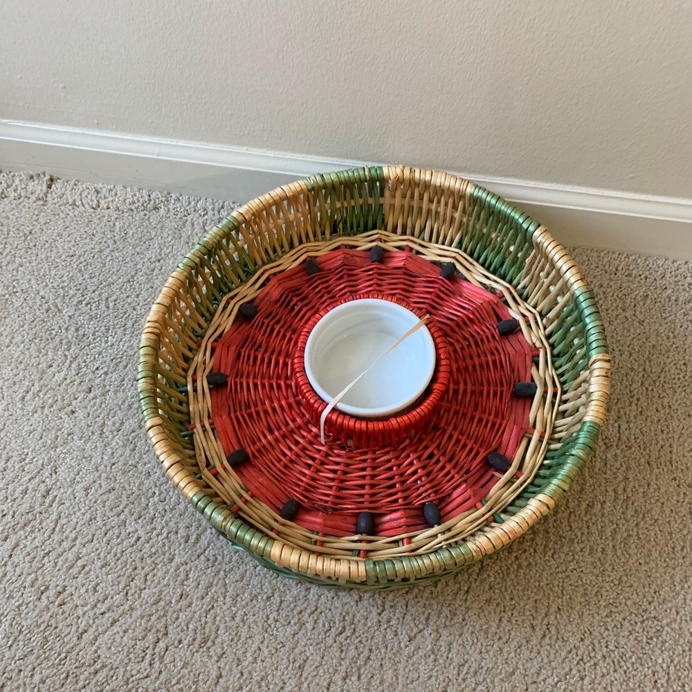 Watermelon wicker serving tray with dip bowl